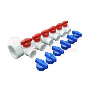 Коллектор с шаровыми кранами Ø 40х20х6 вых., PP-R, в компл. с синими и красными ручками, цвет белый,  Valfex 1